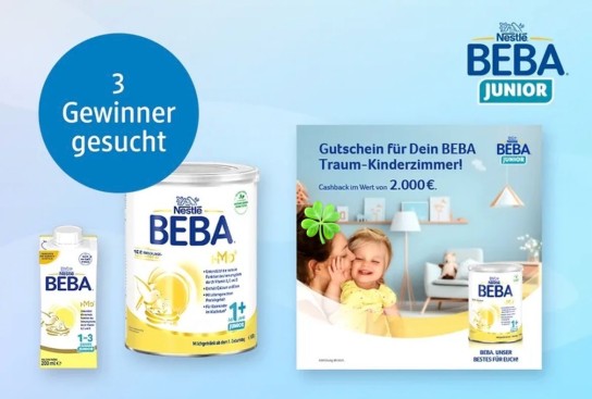 dm-drogerie markt - 3-mal je einen Kinderzimmer-Gutschein bis zu 2.000 Euro sowie eine Dose Nestlé BEBA Junior 1+ 800 g und 6 Trinkpackungen 200 ml.