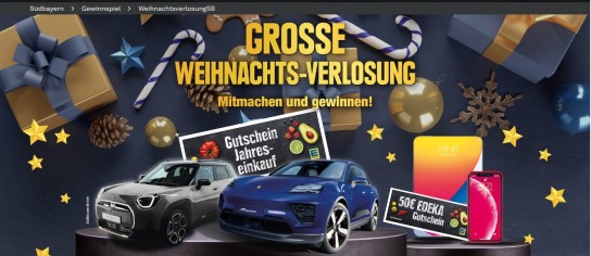 Edeka Südbayern - Einen Porsche Macan E, Mini Cooper E,  Jahreseinkauf für Lebensmittel (Produktkauf)