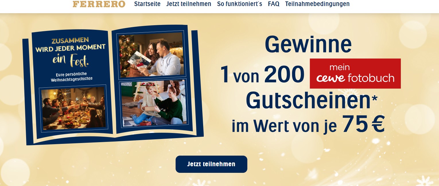 Ferrero - 1 von 200 Cewe Fotobuch Gutscheinen im Wert von 75 € gewinnen (Produktkauf)