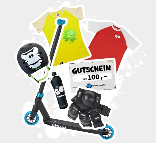 GORILLA - GO Balance-Set – das ist drin: Chilli Scooter, TSG Protektoren Set u.Helm, GORILLA Trinkflasche,GORILLA T-Shirt, sowie einenBlue Tomato Online-Shopping-Gutschein in Höhe von 100 Euro. ( von 9 bis 25 Jahren)