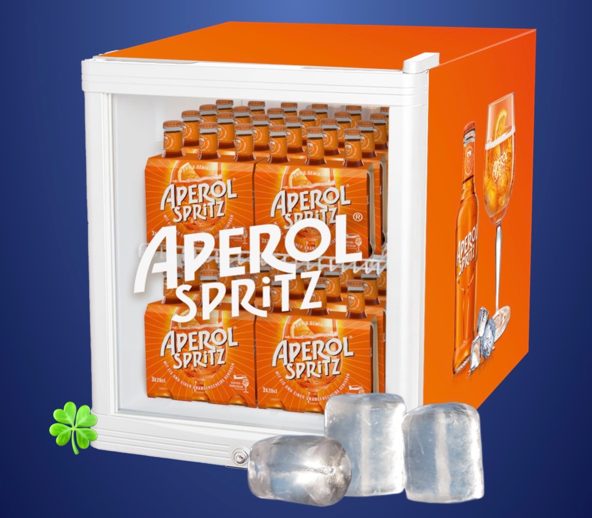 Aperol - 1 von 50 Aperol Minikühlschränken,1 von 100 Aperol Original-Gläsersets