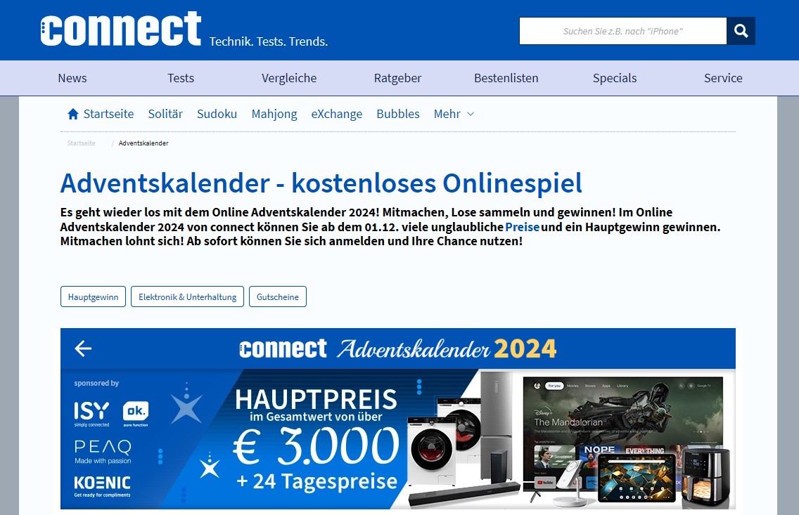 Connect/Connect-Living: ein Technik-BUNDLE für 3.000 € sowie Tagespreise im Gesamtwert von 25.000 € im Adventskalender 2024