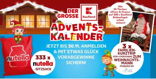 Kaufland - 3x Familien Kurztrip für 4 Personen zum Weihnachtsmann und 333x Nutella Sitzsack