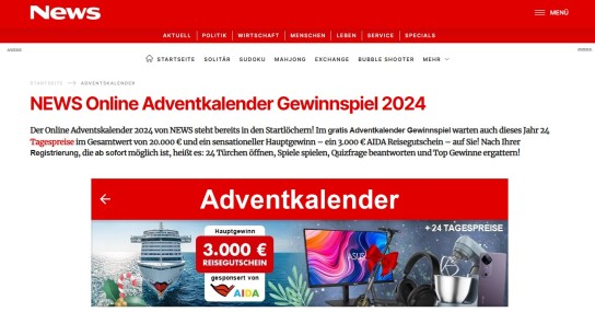 NEWS.at: ein 3.000 € AIDA Reisegutschein und Tagespreise im Gesamtwert von 20.000 € im Adventskalender 2024