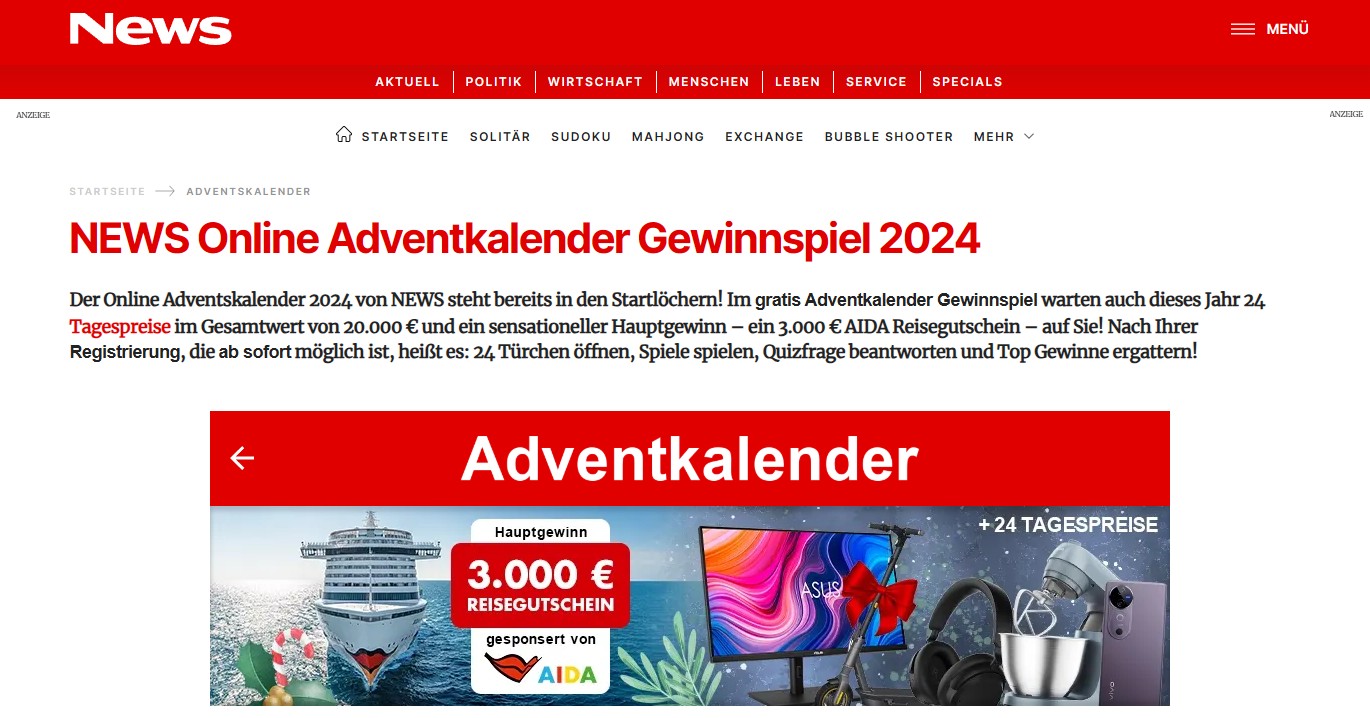 NEWS.at: ein 3.000 € AIDA Reisegutschein und Tagespreise im Gesamtwert von 20.000 € im Adventskalender 2024