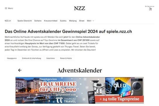 NZZ: eine Donau-Traumreise für 2 im Wert von 7.000 CHF und weitere Preise im Gesamtwert von 29.000 CHF im Adventskalender 2024