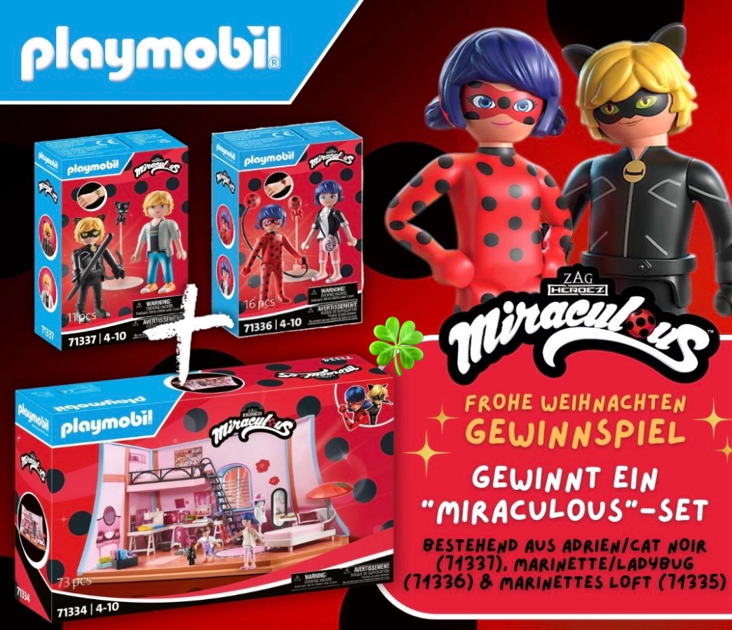 filmspleen - ein „PLAYMOBIL x Miraculous“, Paket bestehend aus Marinettes Loft (71334) sowie den Marinette & Ladybug (71336) und Adrien & Cat Noir (71337).