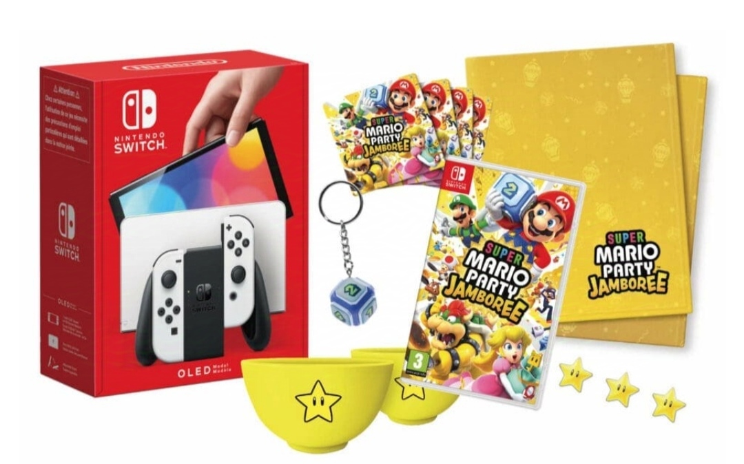 Gamers.at - 1x Nintendo Switch OLED + Super Mario Party Jamboree + Party Paket ( Decke, Schüssel, Partyhut, Flaggen, Untersetzer, Girlande ), 2x Super Mario Party Jamboree + Party Paket