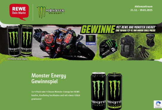 REWE - Eine Yamaha R1 im Monster Design, 6x Monster Motorradhelm, 10x Monster Gewinnpakete (Produktkauf)