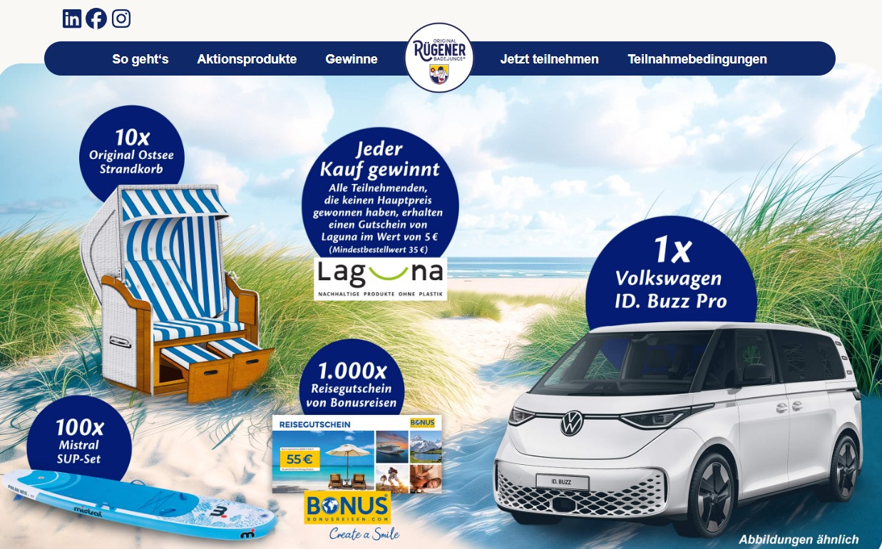 Rügener Badejunge - 1x Volkswagen ID.Buzz Pro, 1.000x Reisegutscheine, 10x Ostsee Strandkorb, 100x Sup Set (Produktkauf)