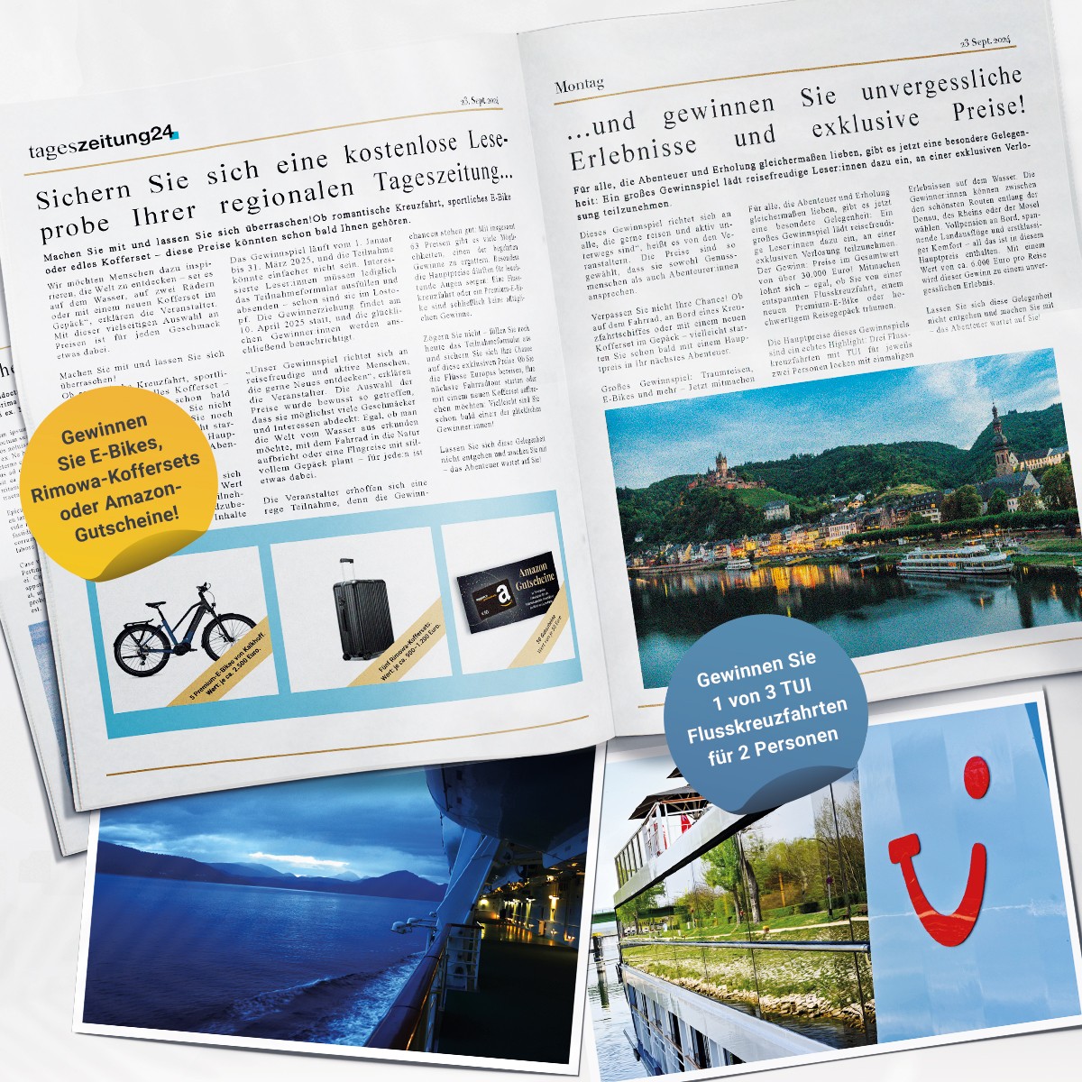 Tageszeitung24: 1 von 3 Flusskreuzfahrten, 5 E-Bikes, Koffer-Sets und Amazon-Gutscheine zu gewinnen