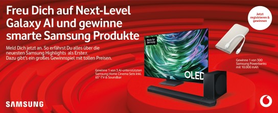 Vodafone: 1 von 3 Samsung Heimkino-Sets mit TV und Soundbar und 300 Powerbanks zu gewinnen