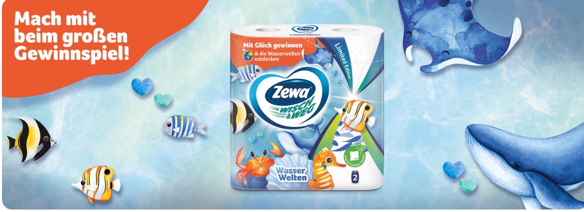 Zewa - 5x WWF Spenden zum Schutz für Wale, 15x Wasserflaschen aus Glas, 10x Strandhandtücher (Produktkauf)