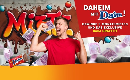 Daim: gewinne 3 Monatsmieten bis 3.000 € und ein Wand-Graffiti + täglich ein Schokopaket gewinnen