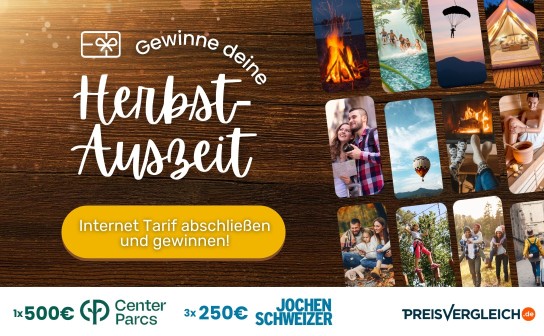 PREISVERGLEICH.de: ein 500€-Gutschein für Center Parcs, 3 x 250€ Jochen Schweizer Gutschein