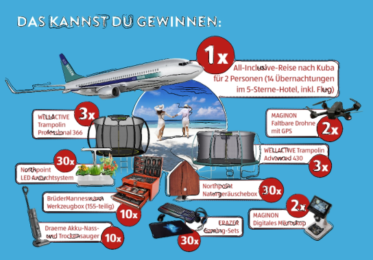 ALDI SÜD - 1x All-Inclusive-Reise nach Kuba für 2 Personen (14 Nächte im 5-Sterne-Hotel, inkl. Flug), 30x Brüder Mannesmann Werkzeugbox, 30x ERAZER Gaming Set, 3x WELLACTIVE Trampolin Professional 366 und weitere Preise