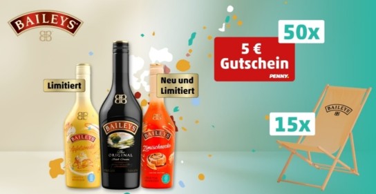 Penny - 1 von 15 Baileys Liegestühlen oder 1 von 50 PENNY Gutscheinen zu gewinnen. Um teilzunehmen muss man den Newsletter abonnieren