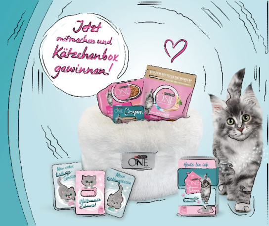 Purina - 500 x eine Kätzchenbox mit Katzenbett, PURINA ONE JUNIOR Trockennahrung, PURINA ONE JUNIOR Nassnahrung, Meilensteinkartenset und Rabatt-Coupon (Produktkauf)