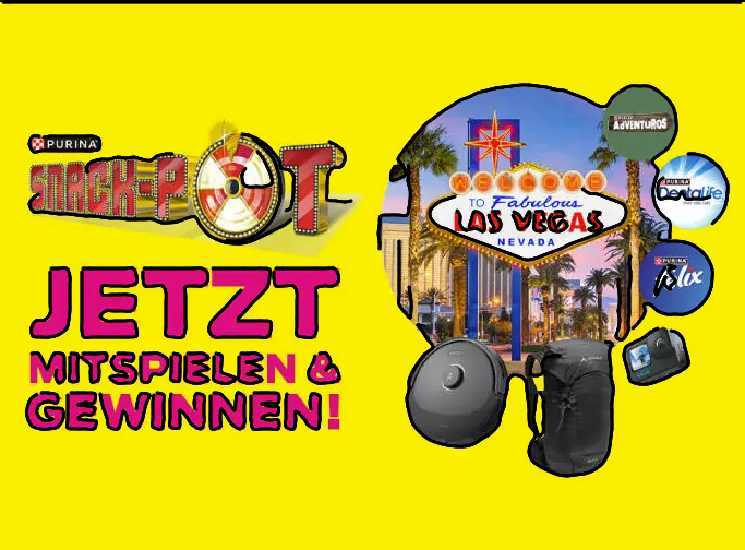 Purina - Hauptpreis: 1 Woche Las Vegas für 2 Personen im Wert von 10.000€, Monatlich: 2x GoPro Hero 12, 3x Roborock S8 Saugroboter, 100x Snack-Paket, 11x Vaude Neyland 24 Rucksack (Produktkauf)