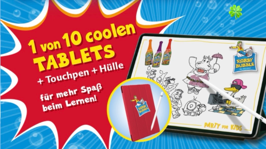 Robby Bubble - 10 x 1 Tablet inkl. Touchpen und Hülle und je 2 0,75 l Flaschen Robby Bubble Jungle-Party, Apple-Cherry und Berry