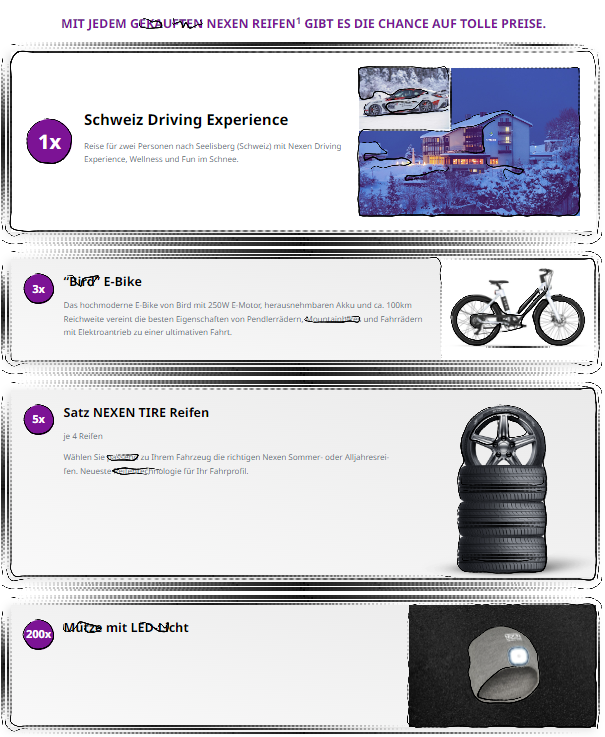 NEXEN TIRE - 1x Schweiz Driving Experience (Reise für 2 Personen nach Seelisberg - Schweiz), 3x E-Bike von Bird, 5x einen Satz NEXEN TIRE Reifen (4 Stück), 200x Mütze mit LED Licht (Produktkauf)