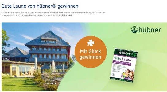 dm-drogerie markt - Ein Wohlfühl-Wochenende im Hotel Die Halde im Schwarzwalt oder 10x1 Hübner Produktpaket