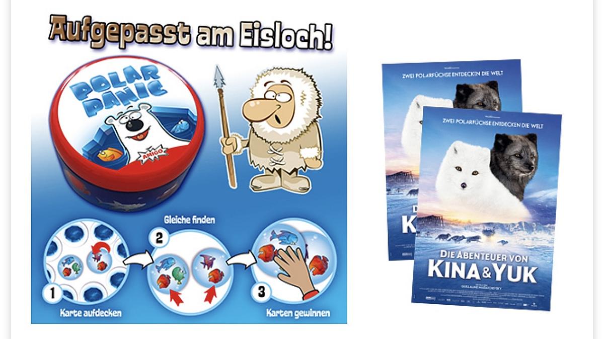 Häfft - 3 Fanpakete zum Kinostart von "Die Abenteuer von Kina & Yuk". Jedes Paket besteht aus 2 Kinotickets sowie ein Familienspiel „Polar Panic – Nur keine Panik am Eisloch“ von AMIGO.