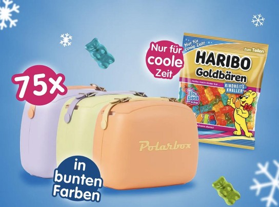 Haribo - 75 Retro-Polarboxen in bunten Farben (zufällige Zuordnung) inkl. jeweils 1x Goldbären 175g-Beutel, 1x Saft Goldbären 160g-Beutel, 1x Saure Goldbären 175g-Beutel