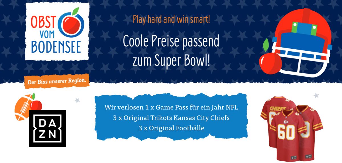 Obst vom Bodensee - ein Game Pass für ein Jahr NFL; drei Original Trikots der Kansas City Chiefs und drei Original Footbälle