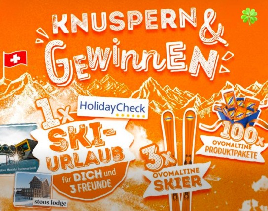 ovomaltine - 1x Ski Urlaub für 4 Personen in den Schweizer Bergen : 5 Übernachtungen für 4 Erwachsene in einem Familienzimmer in der Stoos Lodge, 3x Ovomaltine Skier-Paare 100x Ovomaltine Produktpakete mit verschiedenen Ovomaltine-Produkten.