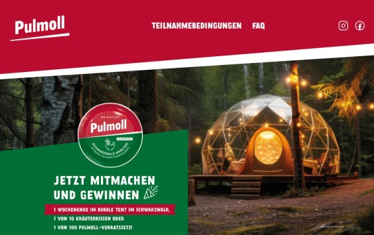 Pulmoll - 1. Preis: Ein Wochenende im Bubble Tent im Schwarzwald 2. Preis: 10 x ein Kräuterkissen 3. Preis: 100 x ein Pulmoll Vorrats-Set