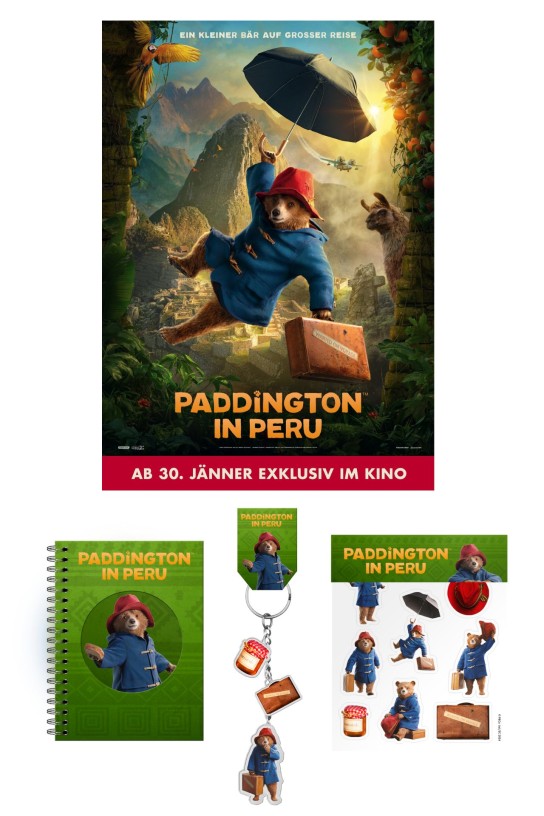 Wienerin Magazin - zwei Mal ein Geschenkeset mit je einem Notizbuch, einem Schlüsselanhänger und Stickern zum Kinostart von „Paddington in Peru“.