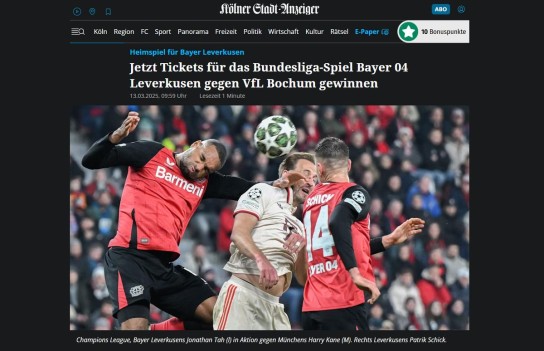 Kölner Stadt-Anzeiger - 3x2 Tickets für das Heimspiel von Bayer 04 Leverkusen gegen VfL Bochum am Freitag, 28. März 2025 um 20:30 Uhr in der BayArena.