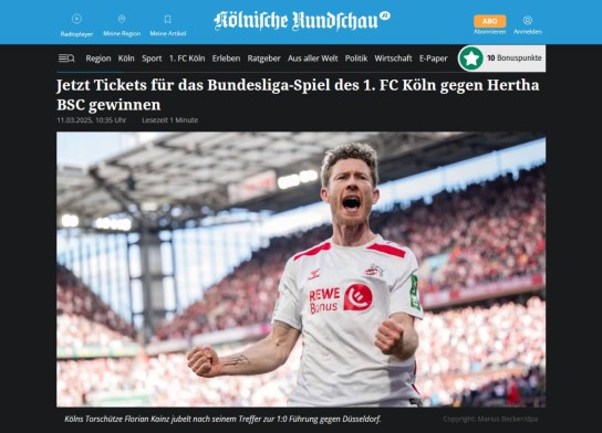 Kölnische Rundschau - 1x2 Tickets 1. FC Köln gegen Hertha BSC am Samstag, 5. April 2025 um 20:30 Uhr im Rhein-Energie-Stadion