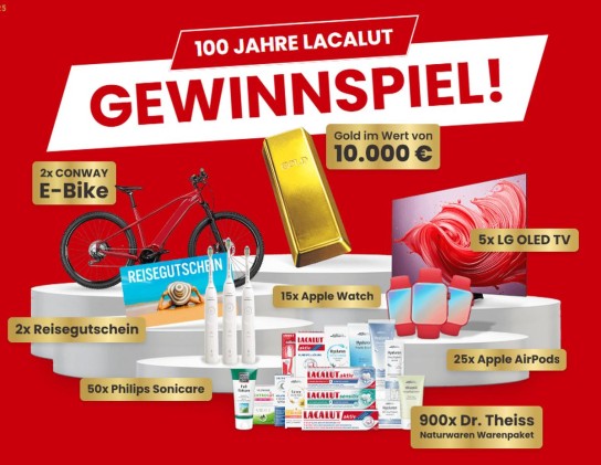 Lacalut - 1x Gold im Wert von 10000 Euro, 2x E-Bike, 2x Reisegutscheine, 5x Smart TV und viele weitere Top-Preise  (Produktkauf)