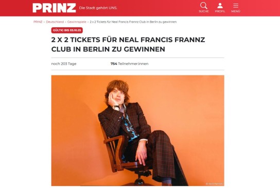 PRINZ - 2 x 2 Tickets für Neal Francis Frannz Club in Berlin am 3. November 2025