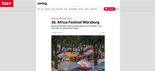 taz.de - 5x2 Tickets für das 36, Africa Festival am 29. Mai bis 1. Juni 2025 in Würzburg auf den Mainwiesen.