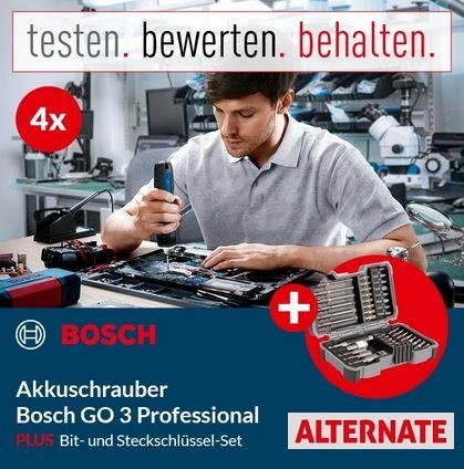 ALTERNATE: 4 Produkttester für den Bosch GO 3 Professional Akkuschrauber + Bit- und Steckschlüssel-Set gesucht