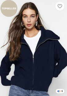 Marineblauer Strick-Cardigan mit Umlegekragen und Reißverschluss von Trendyol Collection